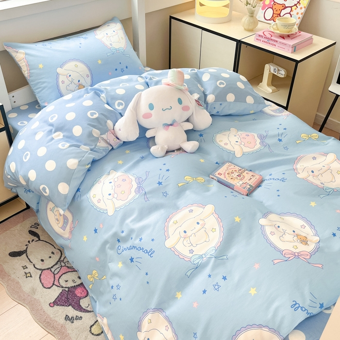 91家纺网 家纺一手货源 找家纺 暮思家居 2025新款三丽鸥授权全棉少女印花系列学生宿舍三件套四件套 蓝色玉桂狗