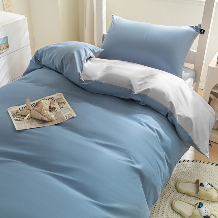 91家纺网 家纺一手货源 找家纺 涵宸家纺 2025新款全棉拼色纯色宿舍套件-米兰 米兰（湖兰+梧桐灰）