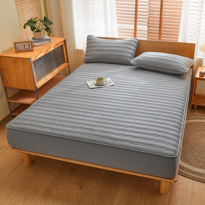 91家纺网 家纺一手货源 找家纺 雪云美2025新款全棉夹棉床笠斜纹A类纯棉床罩可定制尺寸 条纹- 灰色