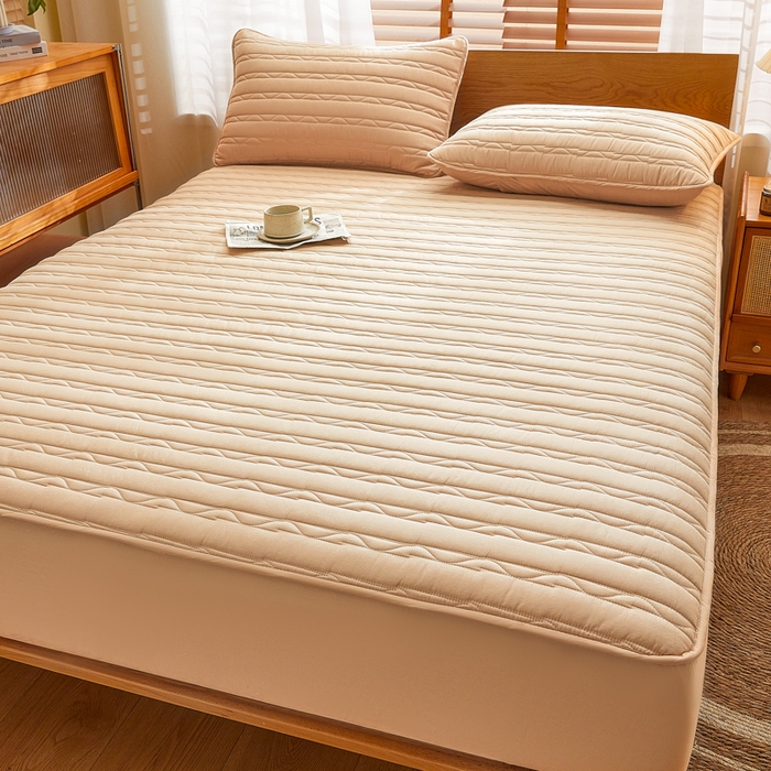 91家纺网 家纺一手货源 找家纺 雪云美2025新款全棉夹棉床笠斜纹A类纯棉床罩可定制尺寸 条纹- 驼色