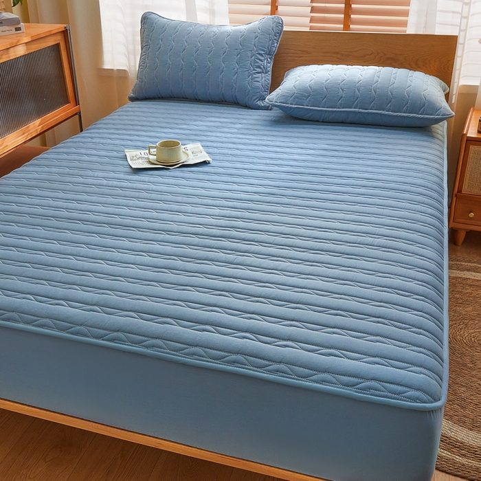 91家纺网 家纺一手货源 找家纺 雪云美2025新款全棉夹棉床笠斜纹A类纯棉床罩可定制尺寸 条纹 -蓝色