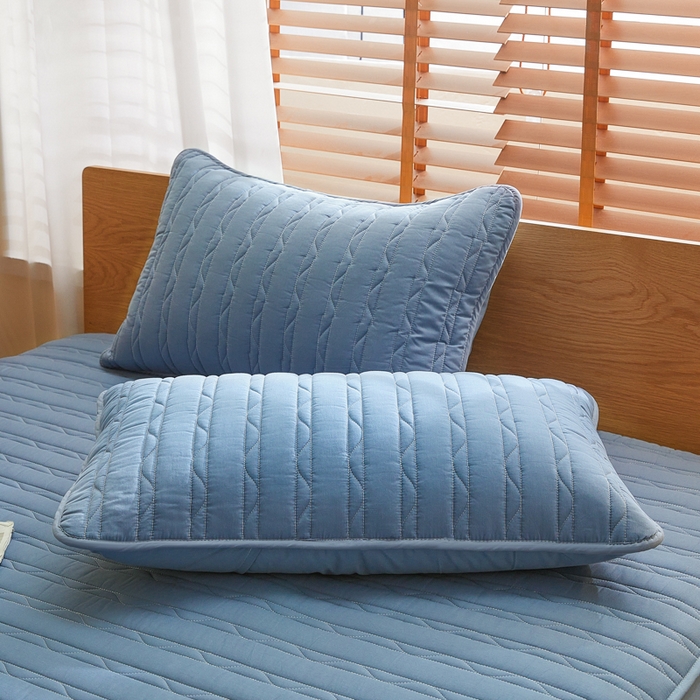 91家纺网 家纺一手货源 找家纺 雪云美2025新款全棉夹棉床笠斜纹A类纯棉床罩可定制尺寸 条纹 -蓝色