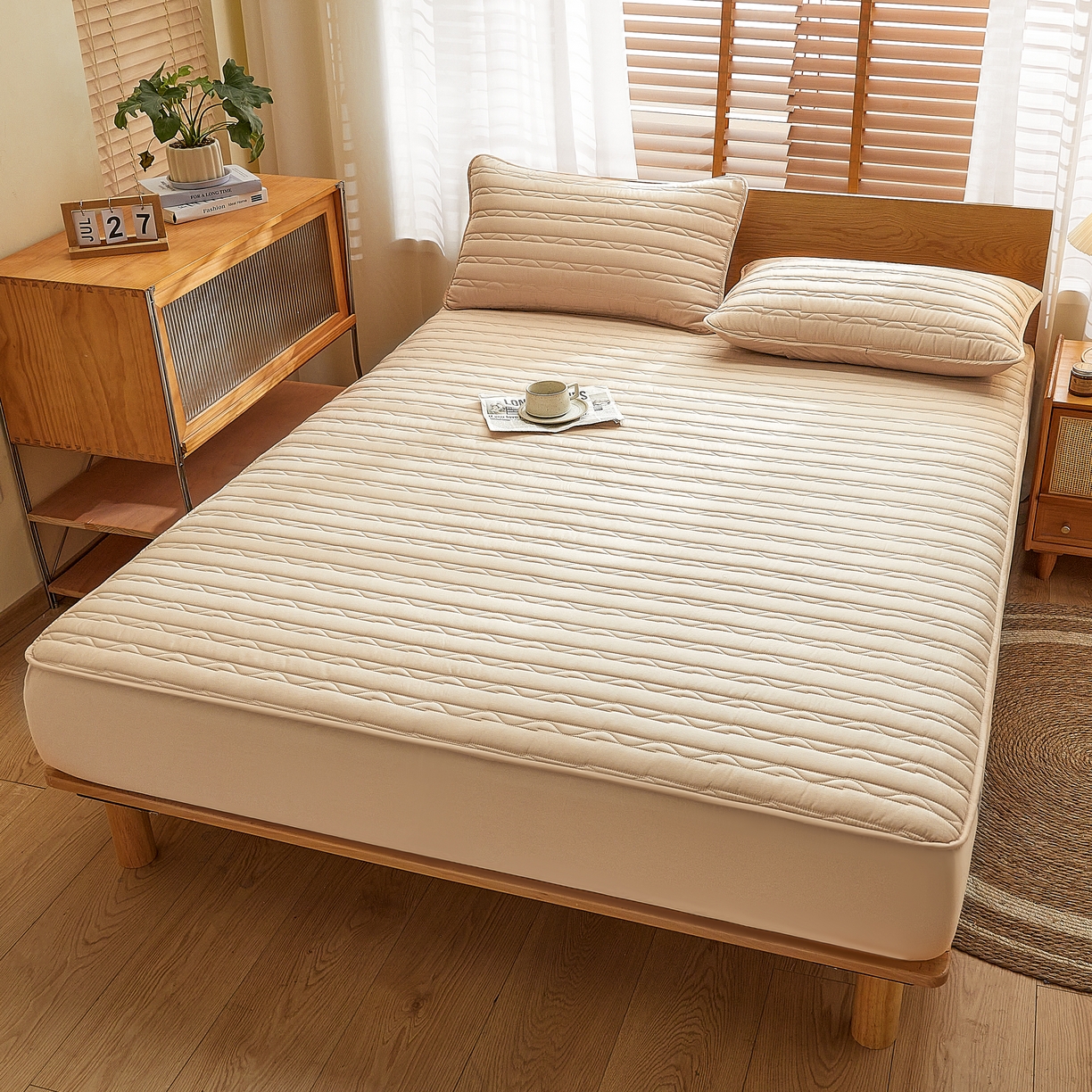 91家纺网 家纺一手货源 找家纺 雪云美2025新款全棉夹棉床笠斜纹A类纯棉床罩可定制尺寸 条纹- 驼色