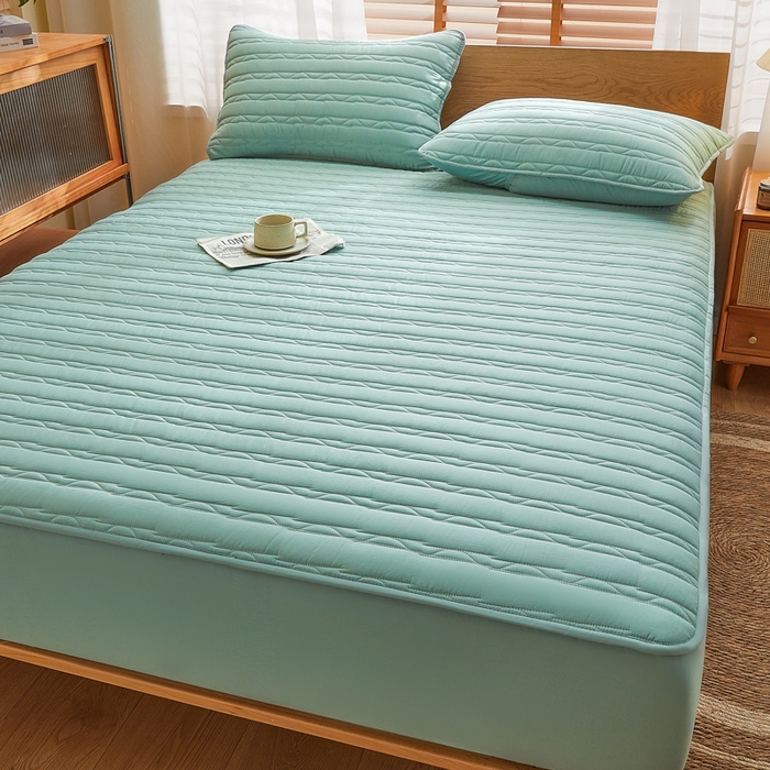 91家纺网 家纺一手货源 找家纺 雪云美2025新款全棉夹棉床笠斜纹A类纯棉床罩可定制尺寸 条纹- 绿色