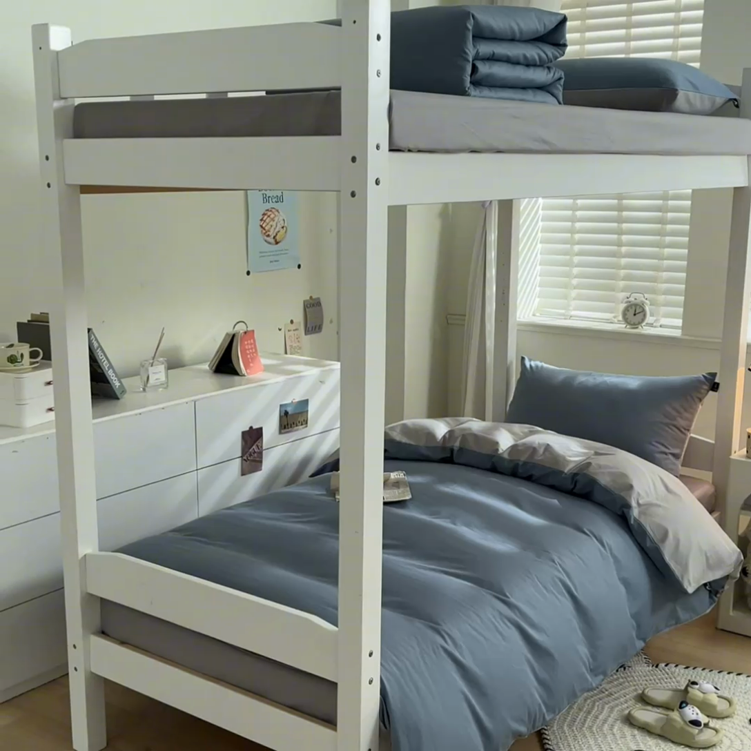 91家纺网 家纺一手货源 找家纺 涵宸家纺 2025新款全棉拼色纯色宿舍套件-米兰 米兰（湖兰+梧桐灰）