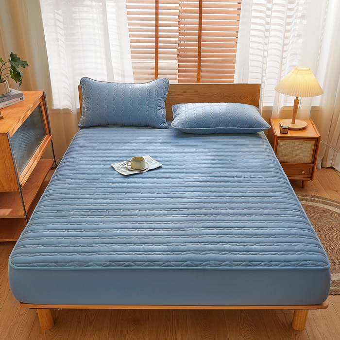 91家纺网 家纺一手货源 找家纺 雪云美2025新款全棉夹棉床笠斜纹A类纯棉床罩可定制尺寸 条纹 -蓝色