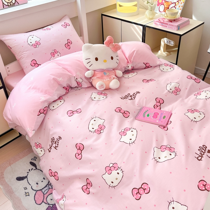 91家纺网 家纺一手货源 找家纺 暮思家居 2025新款三丽鸥授权全棉少女印花系列学生宿舍三件套四件套 可爱凯蒂