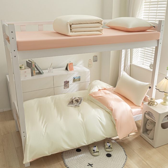 91家纺网 家纺一手货源 找家纺 涵宸家纺 2025新款全棉拼色纯色宿舍套件-米兰 米兰（奶白+烟粉）