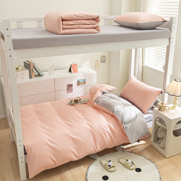 91家纺网 家纺一手货源 找家纺 涵宸家纺 2025新款全棉拼色纯色宿舍套件-米兰 米兰（烟粉-梧桐灰）