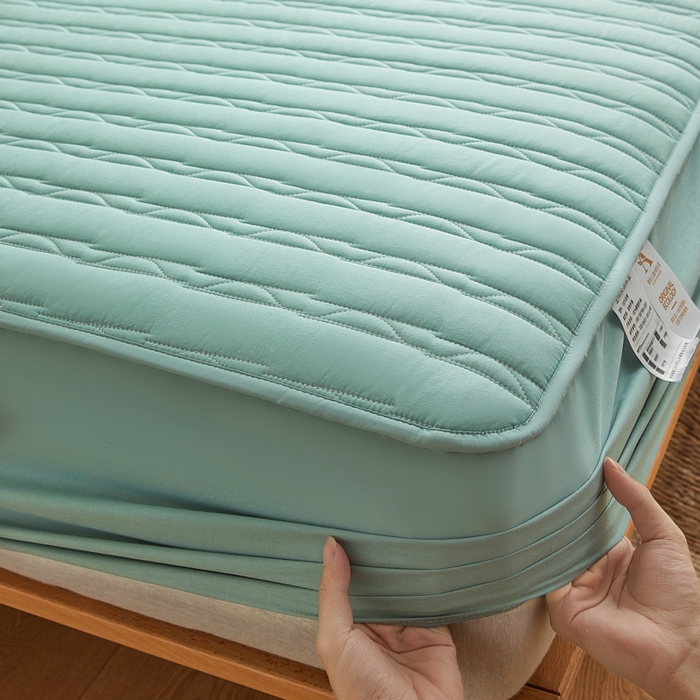 91家纺网 家纺一手货源 找家纺 雪云美2025新款全棉夹棉床笠斜纹A类纯棉床罩可定制尺寸 条纹- 绿色