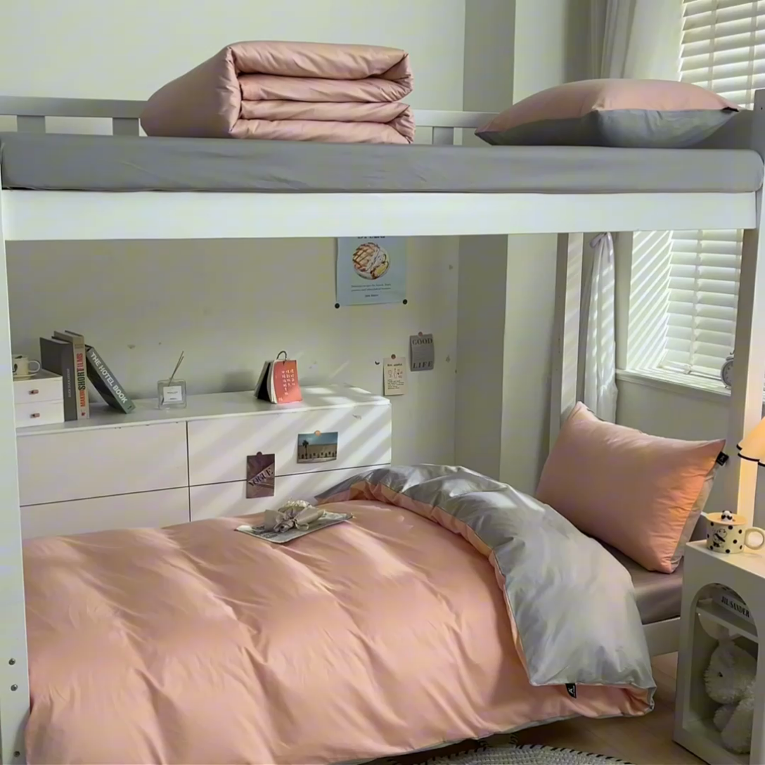 91家纺网 家纺一手货源 找家纺 涵宸家纺 2025新款全棉拼色纯色宿舍套件-米兰 米兰（烟粉-梧桐灰）