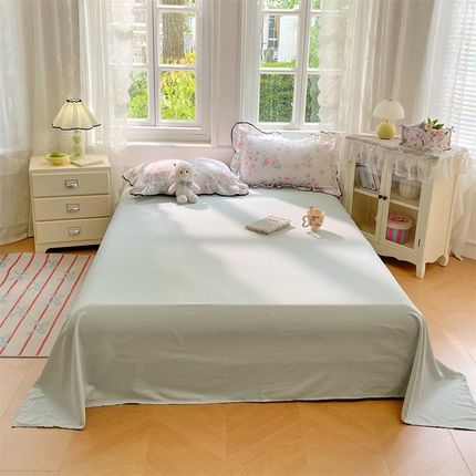 圣比熊 2025新款皱皱双层纱印花床单 朝花夕拾-绿（纯色床单）