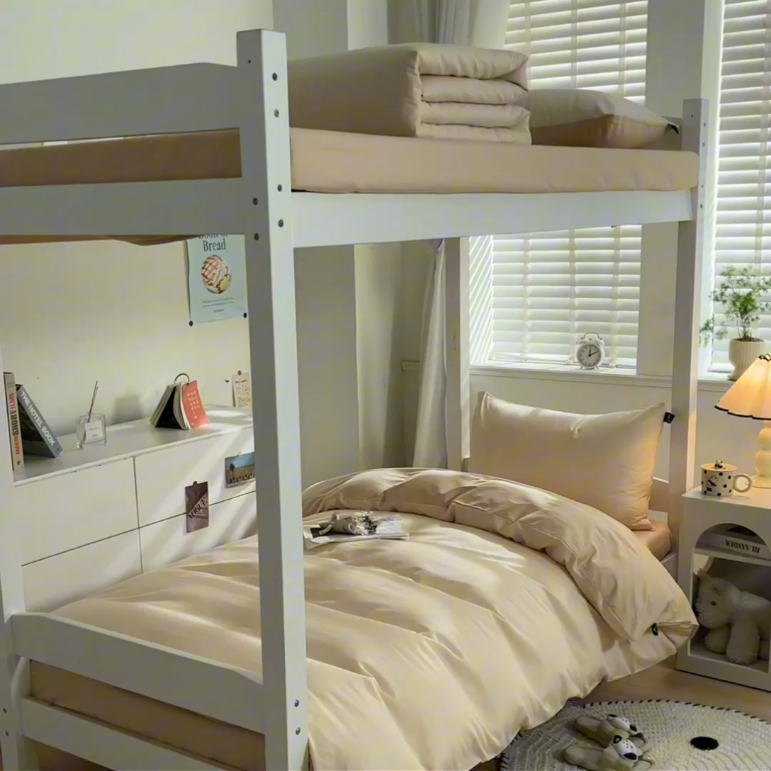 91家纺网 家纺一手货源 找家纺 涵宸家纺 2025新款全棉拼色纯色宿舍套件-米兰 米兰（香槟金+驼色）