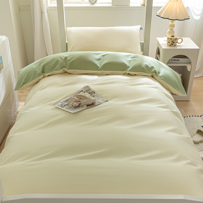 91家纺网 家纺一手货源 找家纺 涵宸家纺 2025新款全棉拼色纯色宿舍套件-米兰 米兰（奶白+月光绿）