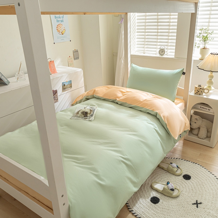 91家纺网 家纺一手货源 找家纺 涵宸家纺 2025新款全棉拼色纯色宿舍套件-米兰 米兰（月光绿+浅黄）