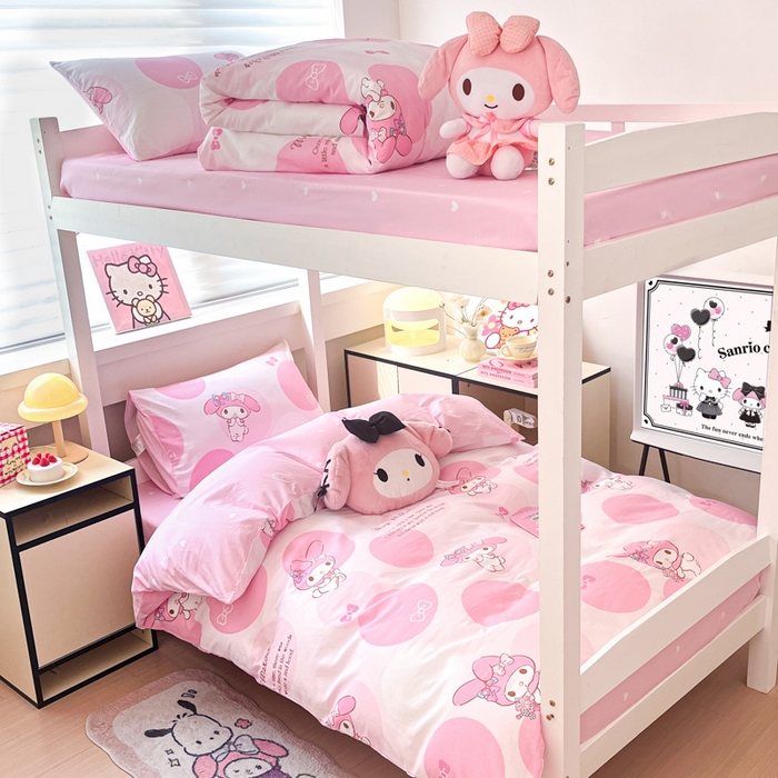 91家纺网 家纺一手货源 找家纺 暮思家居 2025新款三丽鸥授权全棉少女印花系列学生宿舍三件套四件套 圈圈美乐蒂