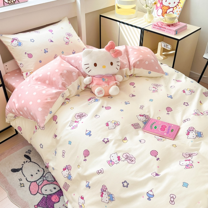 91家纺网 家纺一手货源 找家纺 暮思家居 2025新款三丽鸥授权全棉少女印花系列学生宿舍三件套四件套 甜筒凯蒂