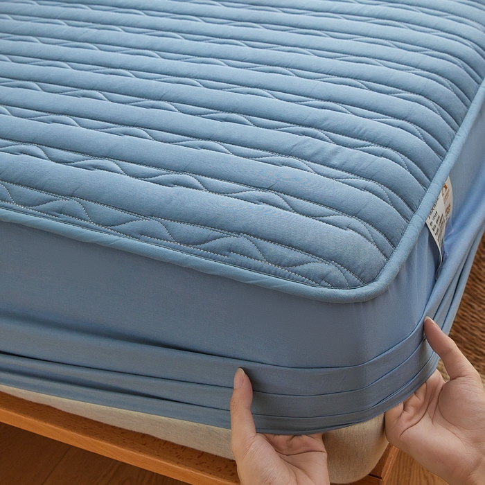 91家纺网 家纺一手货源 找家纺 雪云美2025新款全棉夹棉床笠斜纹A类纯棉床罩可定制尺寸 条纹 -蓝色