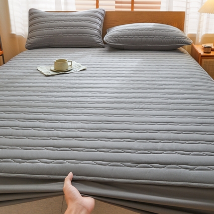 雪云美2025新款全棉夹棉床笠斜纹A类纯棉床罩可定制尺寸 条纹- 灰色