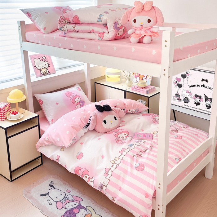 91家纺网 家纺一手货源 找家纺 暮思家居 2025新款三丽鸥授权全棉少女印花系列学生宿舍三件套四件套 洋娃娃美乐蒂