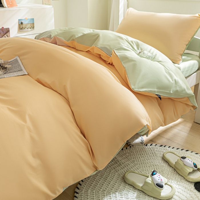 91家纺网 家纺一手货源 找家纺 涵宸家纺 2025新款全棉拼色纯色宿舍套件-米兰 米兰（浅黄+月光绿）