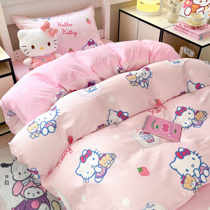 91家纺网 家纺一手货源 找家纺 暮思家居 2025新款三丽鸥授权全棉少女印花系列学生宿舍三件套四件套 kt和熊