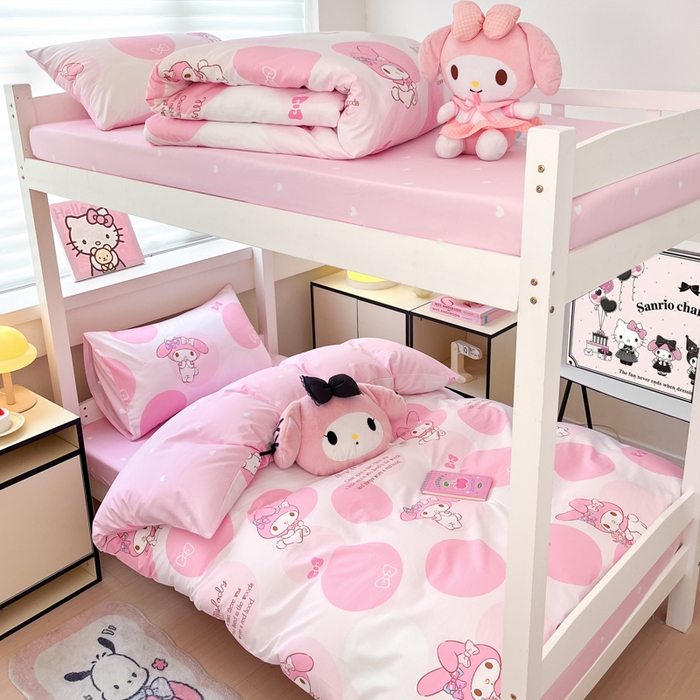 91家纺网 家纺一手货源 找家纺 暮思家居 2025新款三丽鸥授权全棉少女印花系列学生宿舍三件套四件套 圈圈美乐蒂