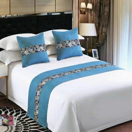 91家纺网 家纺一手货源 找家纺 澜昕 酒店民宿床尾巾床旗轻奢抱枕套床盖 鸟语花香蓝色