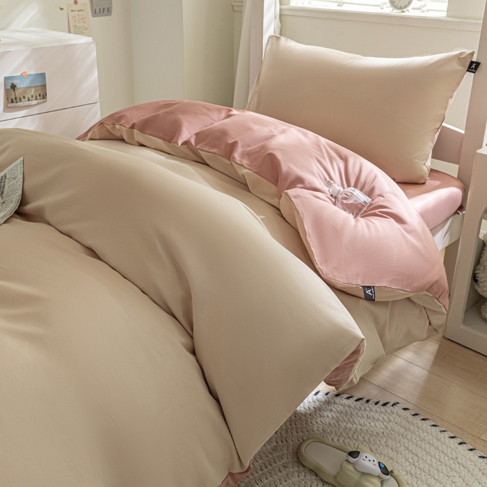 91家纺网 家纺一手货源 找家纺 涵宸家纺 2025新款全棉拼色纯色宿舍套件-米兰 米兰（杏色+豆其）