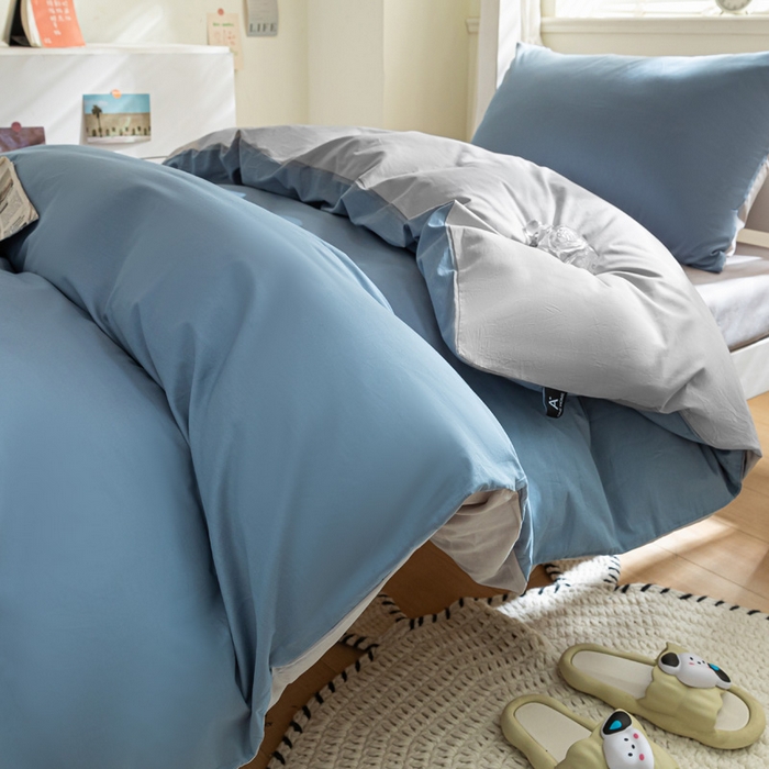 91家纺网 家纺一手货源 找家纺 涵宸家纺 2025新款全棉拼色纯色宿舍套件-米兰 米兰（湖兰+梧桐灰）