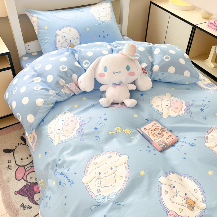 91家纺网 家纺一手货源 找家纺 暮思家居 2025新款三丽鸥授权全棉少女印花系列学生宿舍三件套四件套 蓝色玉桂狗