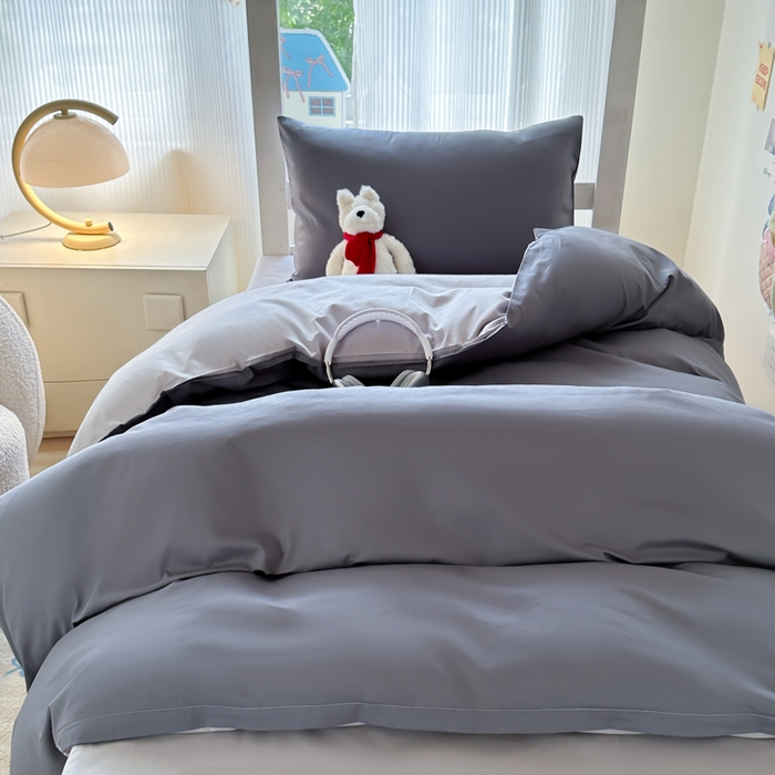 91家纺网 家纺一手货源 找家纺 简冠家纺 2025新款13372全棉纯色学生三件套 深灰+浅灰