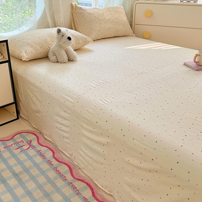 91家纺网 家纺一手货源 找家纺 卡迪熊家纺 2025新款印花木m双层纱床单系列 木m双层纱-奶油波点