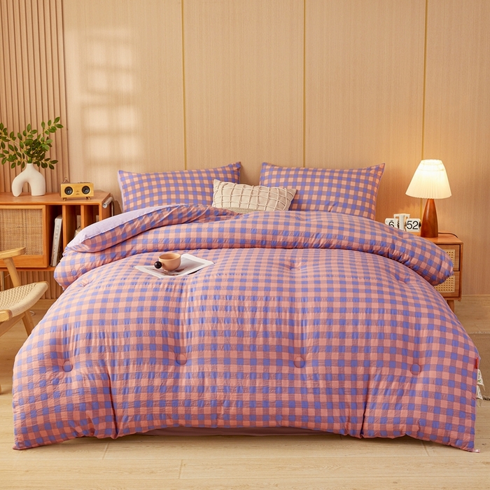 91家纺网 家纺一手货源 找家纺 美尔惠家纺 2025新款无印水洗棉格子春秋被冬被被子被芯学生季被芯 粉紫中格