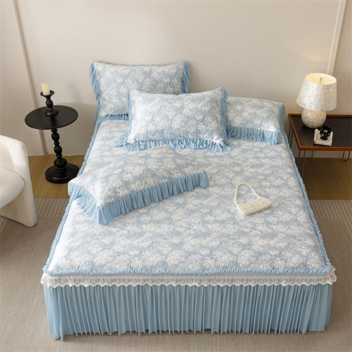 91家纺网 家纺一手货源 找家纺 （总）好儿喜家纺 2025新款海洋丝凉感豆豆床裙凉席-缤纷玫瑰