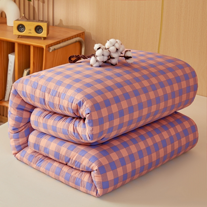 91家纺网 家纺一手货源 找家纺 美尔惠家纺 2025新款无印水洗棉格子春秋被冬被被子被芯学生季被芯 粉紫中格