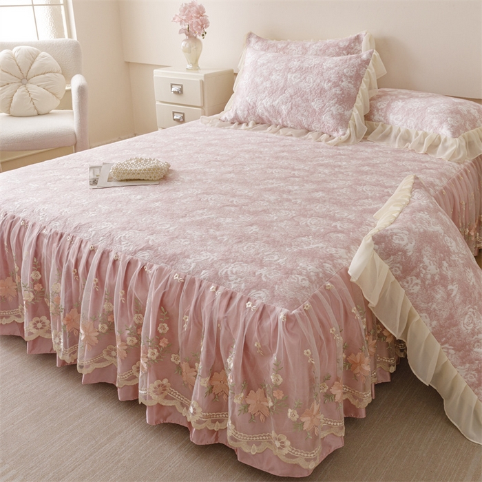 91家纺网 家纺一手货源 找家纺 好儿喜家纺 2025新款海洋丝凉感豆豆床裙凉席-巴黎玫瑰 巴黎玫瑰粉