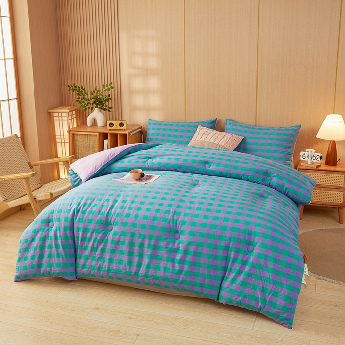 91家纺网 家纺一手货源 找家纺 美尔惠家纺 2025新款无印水洗棉格子春秋被冬被被子被芯学生季被芯 绿野中格