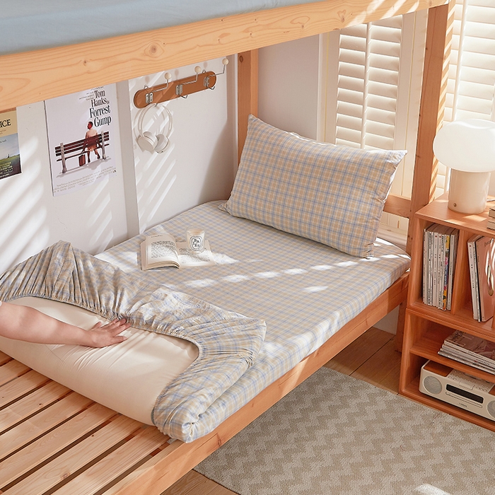 91家纺网 家纺一手货源 找家纺 DoDo 兜兜 2025新款全棉纯棉水洗棉学生床笠【可定做尺寸】 麦田-灰蓝