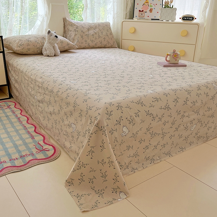 91家纺网 家纺一手货源 找家纺 彩韵家纺 2025新款印花木m双层纱床单系列 木m双层纱-兔悦花草