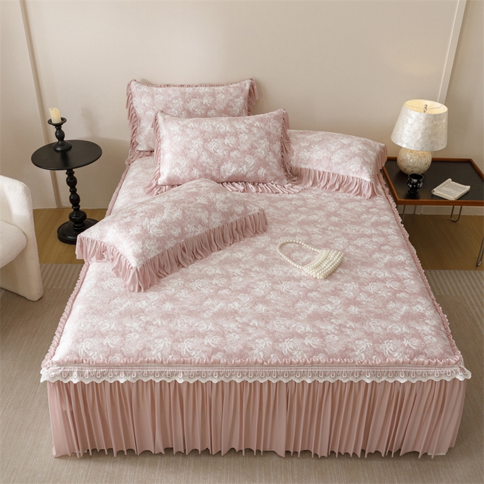 91家纺网 家纺一手货源 找家纺 好儿喜家纺 2025新款海洋丝凉感豆豆床裙凉席-缤纷玫瑰 缤纷玫瑰-粉