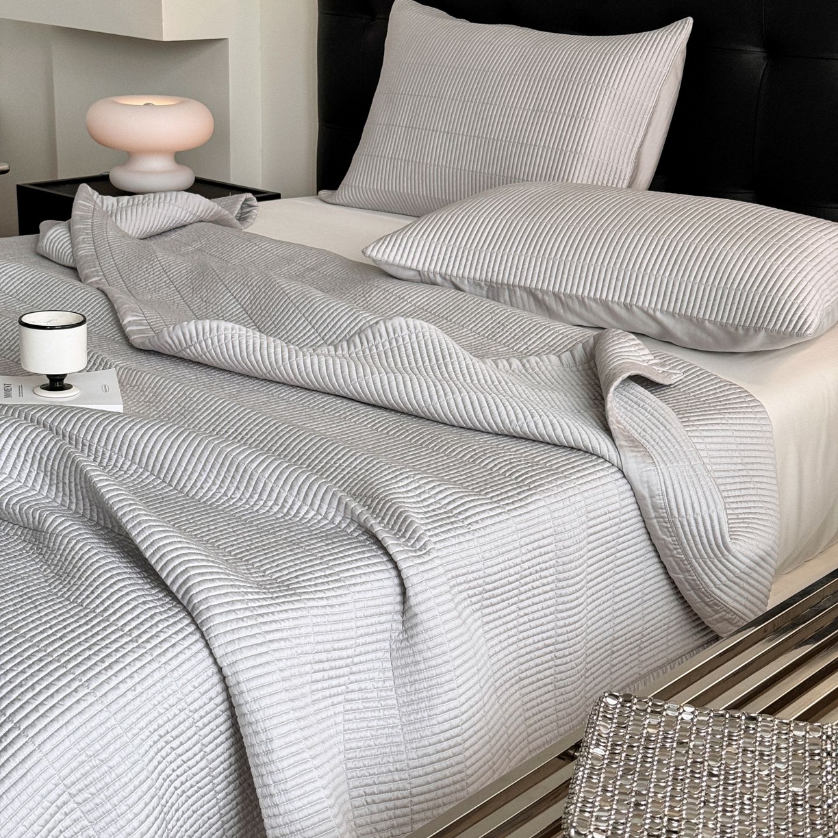 91家纺网 家纺一手货源 找家纺 汇庭 2025新款赫本夏被夏凉被空调被床盖三件套系列 床盖-太空灰