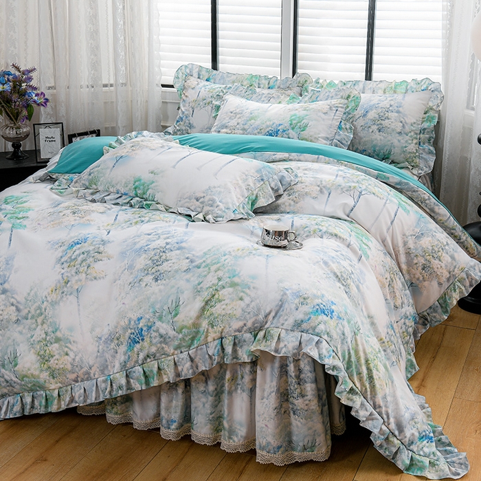 91家纺网 家纺一手货源 找家纺 家之硕家纺 2025春夏新款床裙款四件套繁花似锦系列 叶间芳华