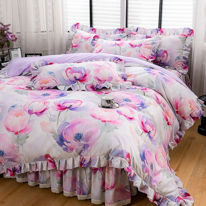 91家纺网 家纺一手货源 找家纺 家之硕家纺 2025春夏新款床裙繁花似锦系列单床裙床裙单件 陌上花开