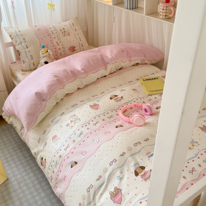 91家纺网 家纺一手货源 找家纺 曼之夏 2025新款全棉纯棉印花学生宿舍上下铺三件套 甜甜圈