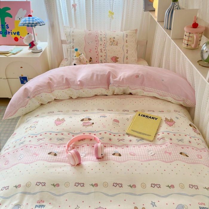 91家纺网 家纺一手货源 找家纺 曼之夏 2025新款全棉纯棉印花学生宿舍上下铺三件套 甜甜圈