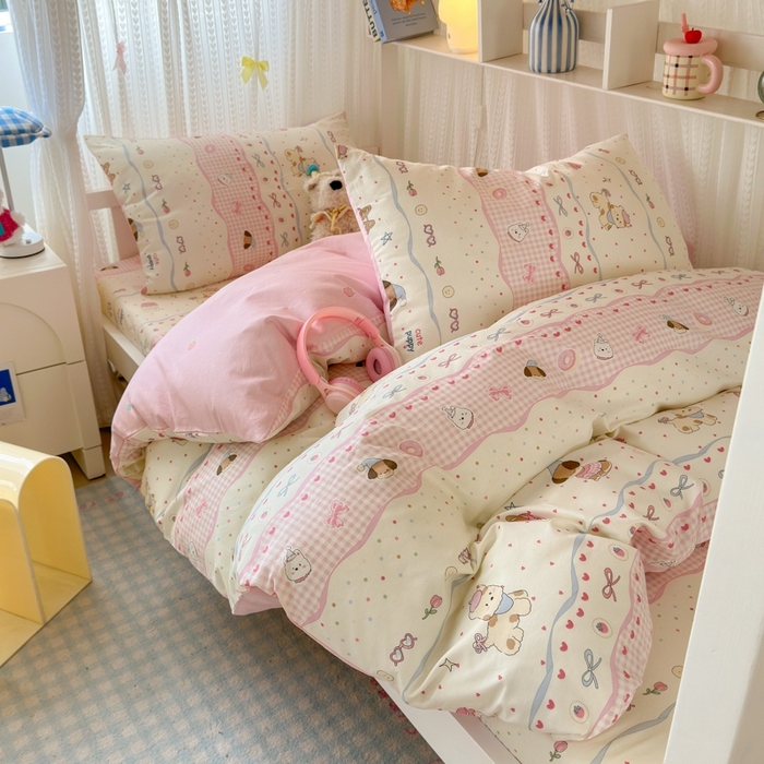 91家纺网 家纺一手货源 找家纺 曼之夏 2025新款全棉纯棉印花学生宿舍上下铺三件套 甜甜圈