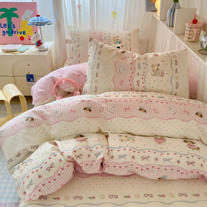 91家纺网 家纺一手货源 找家纺 曼之夏 2025新款全棉纯棉印花学生宿舍上下铺三件套 甜甜圈