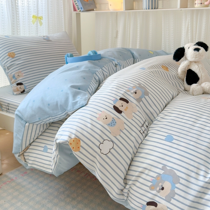 91家纺网 家纺一手货源 找家纺 曼之夏 2025新款全棉纯棉印花学生宿舍上下铺三件套 小狗日记