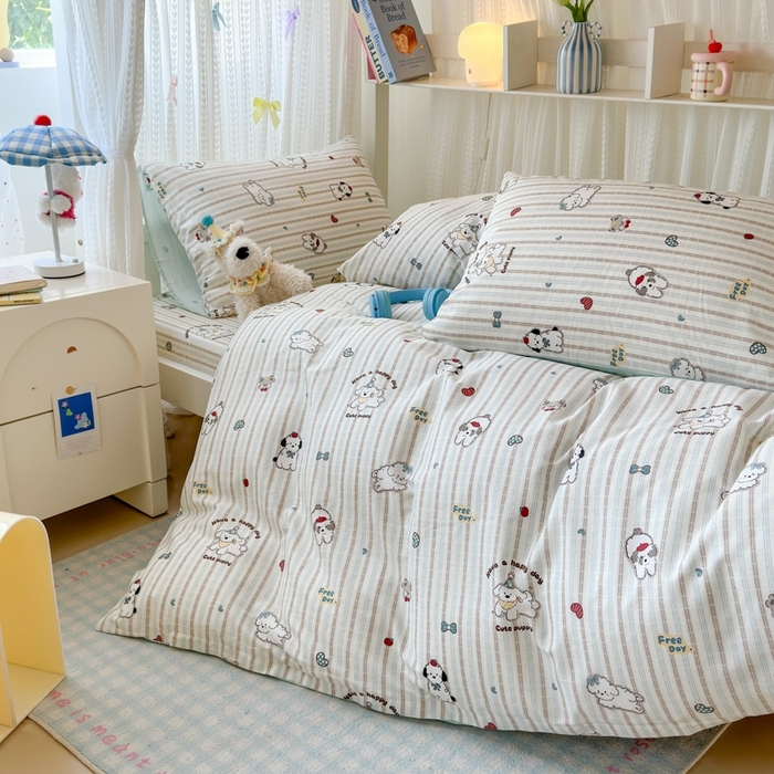 91家纺网 家纺一手货源 找家纺 曼之夏 2025新款全棉纯棉印花学生宿舍上下铺三件套 茶茶狗